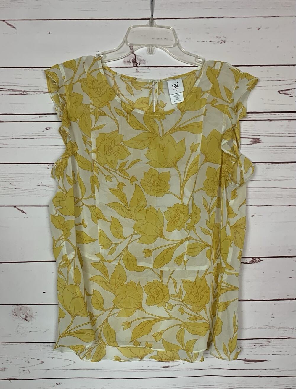Cabi Women's L Large Sunrise Top #5899 White Yellow Floral Sheer RARE Top Blouse